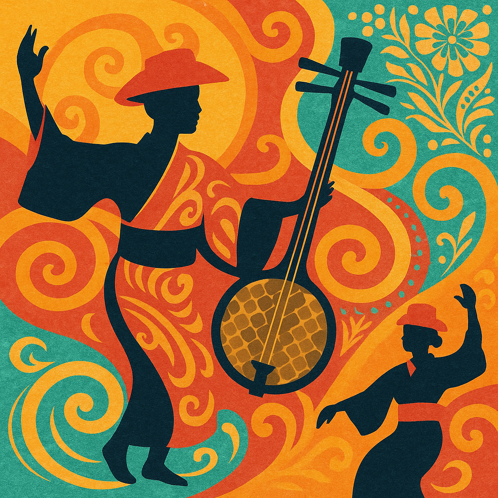 Abstract illustration of Okinawan cultural heritage with Ryukyuan dance, sanshin instrument and bingata patterns