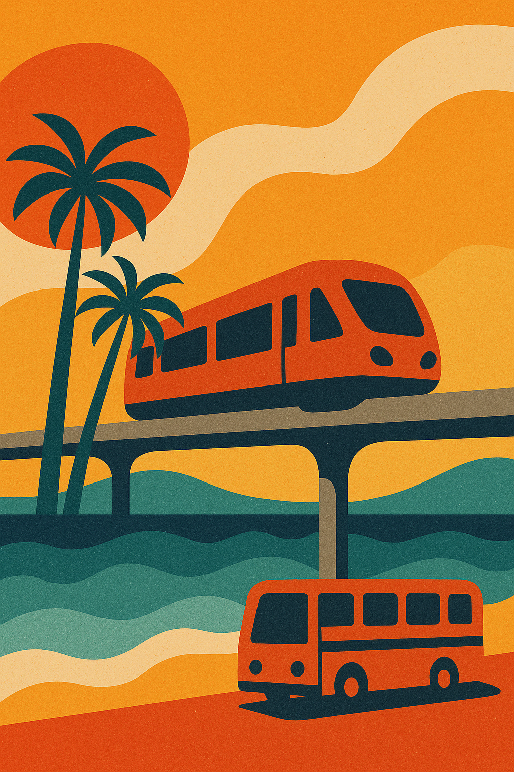 Abstract illustration of Okinawan monorail and palm trees