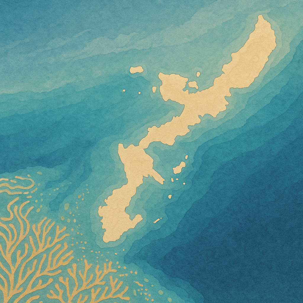 Abstract illustration of Okinawa’s island chain with coral reefs