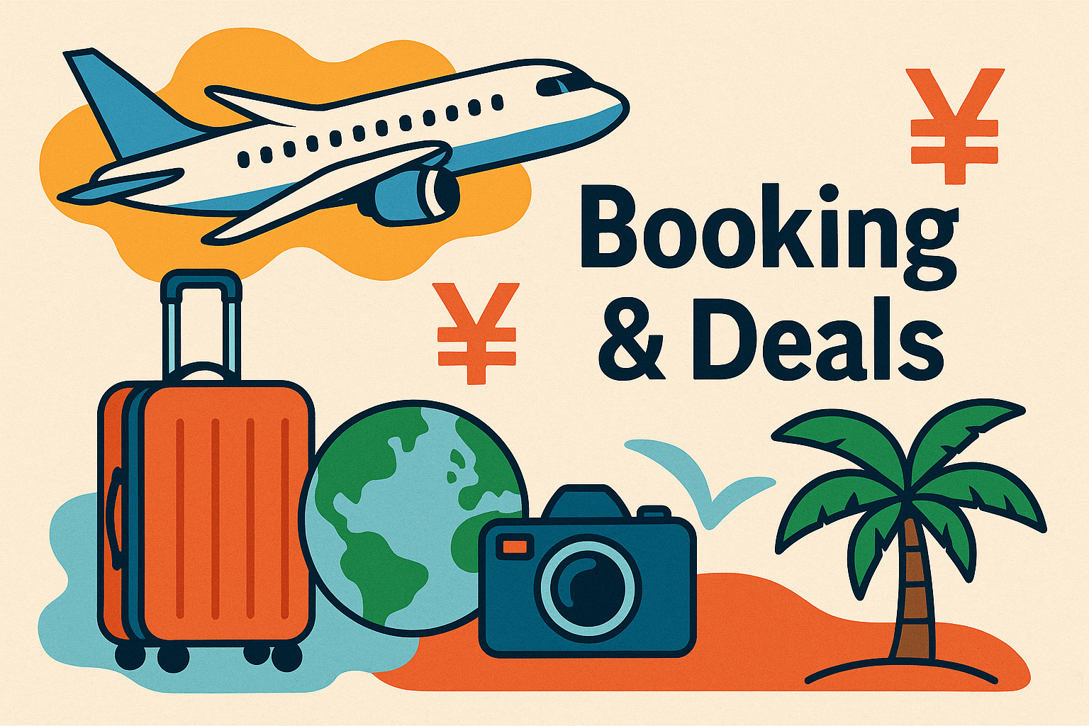 Abstract illustration of travel booking deals with airplane, hotel, car and luggage icons